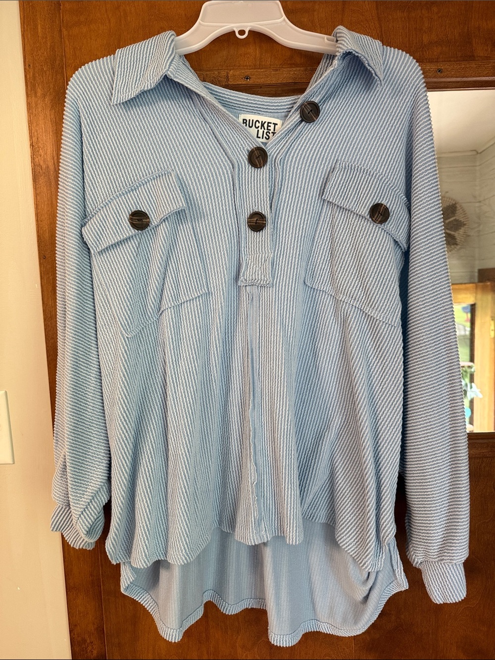 Light Blue Ribbed Button Front Top